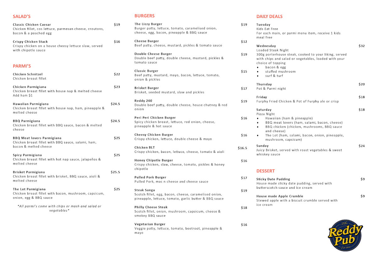 Menu, The Reddy Pub