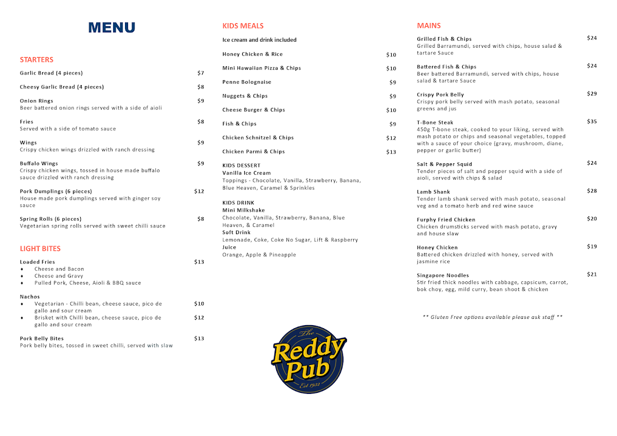Menu, The Reddy Pub
