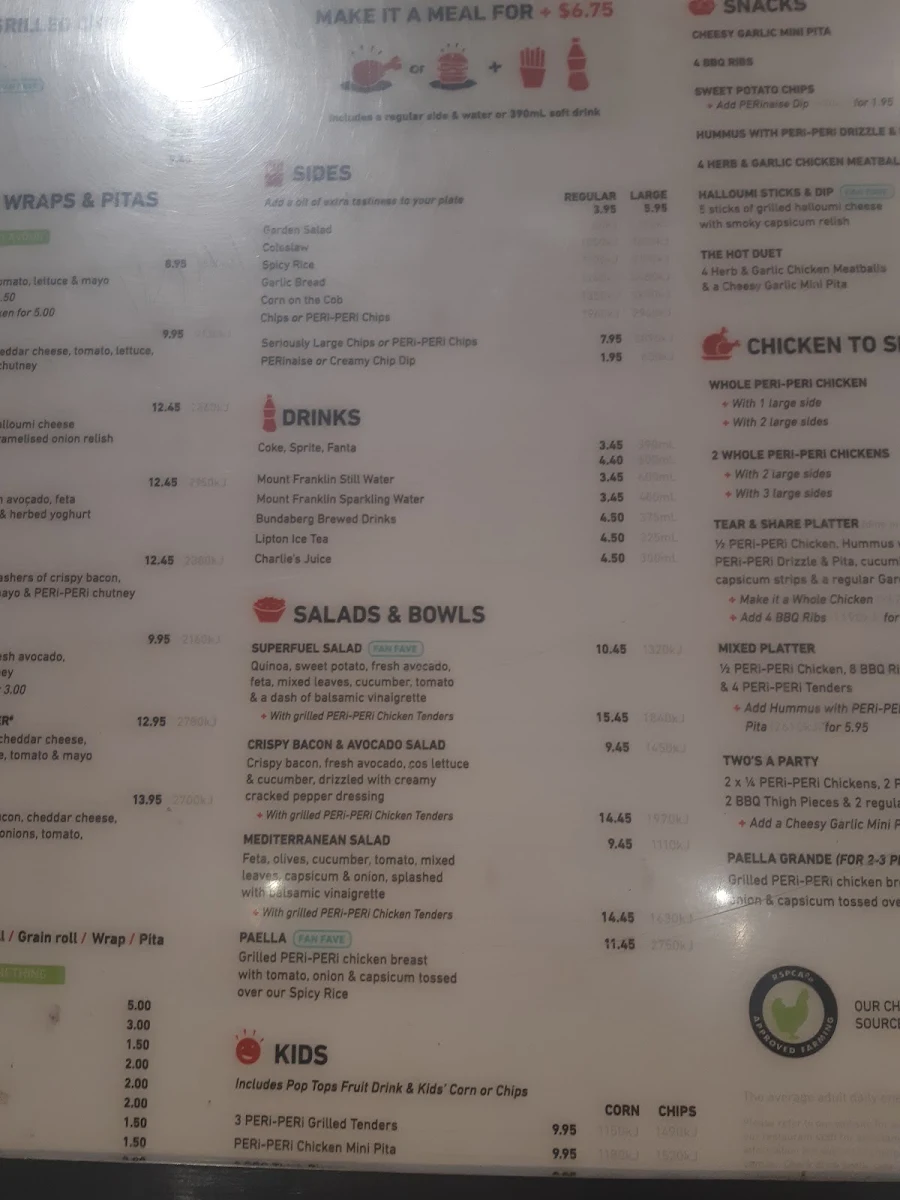 Menu, Nando's Westfield Parramatta