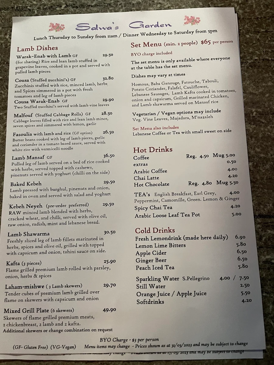 Menu, Salwa's Garden Lebanese Restaurant