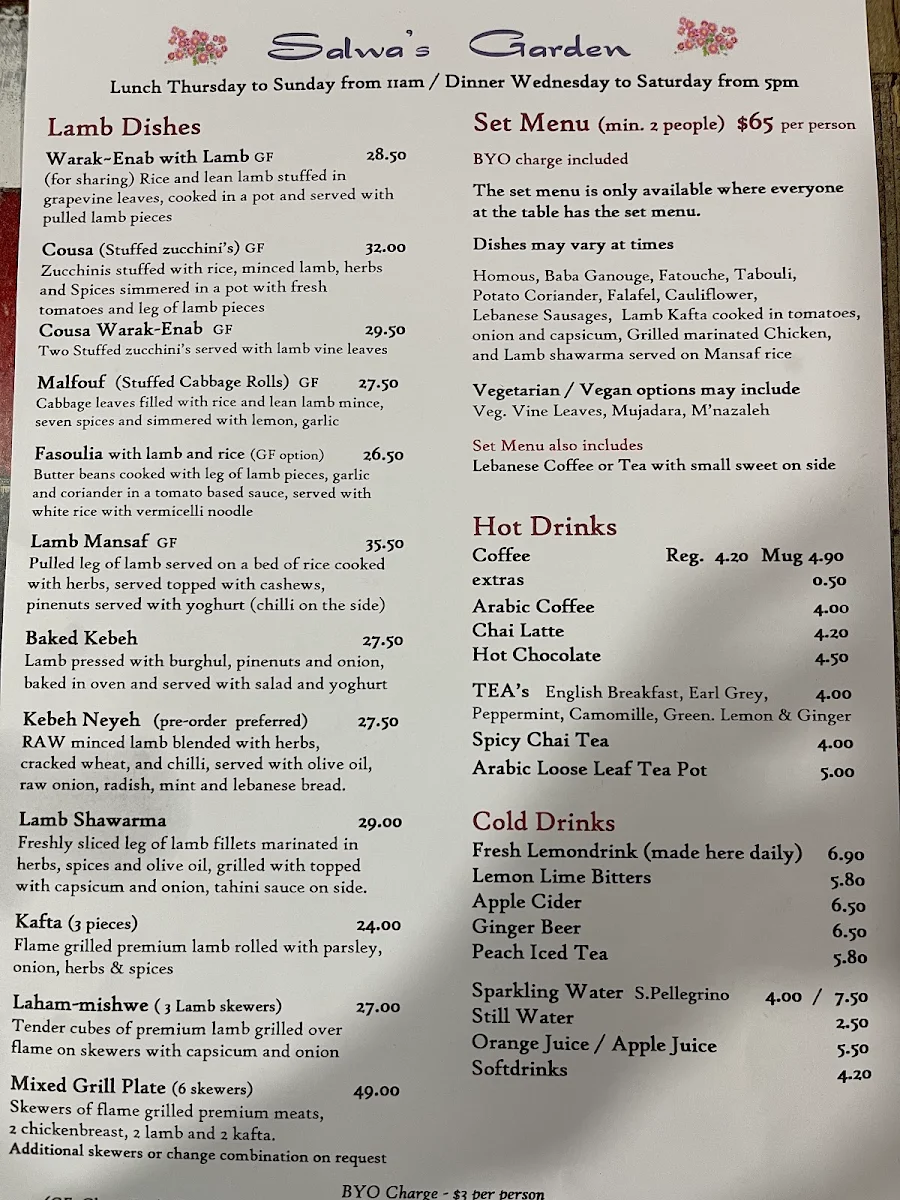 Menu, Salwa's Garden Lebanese Restaurant