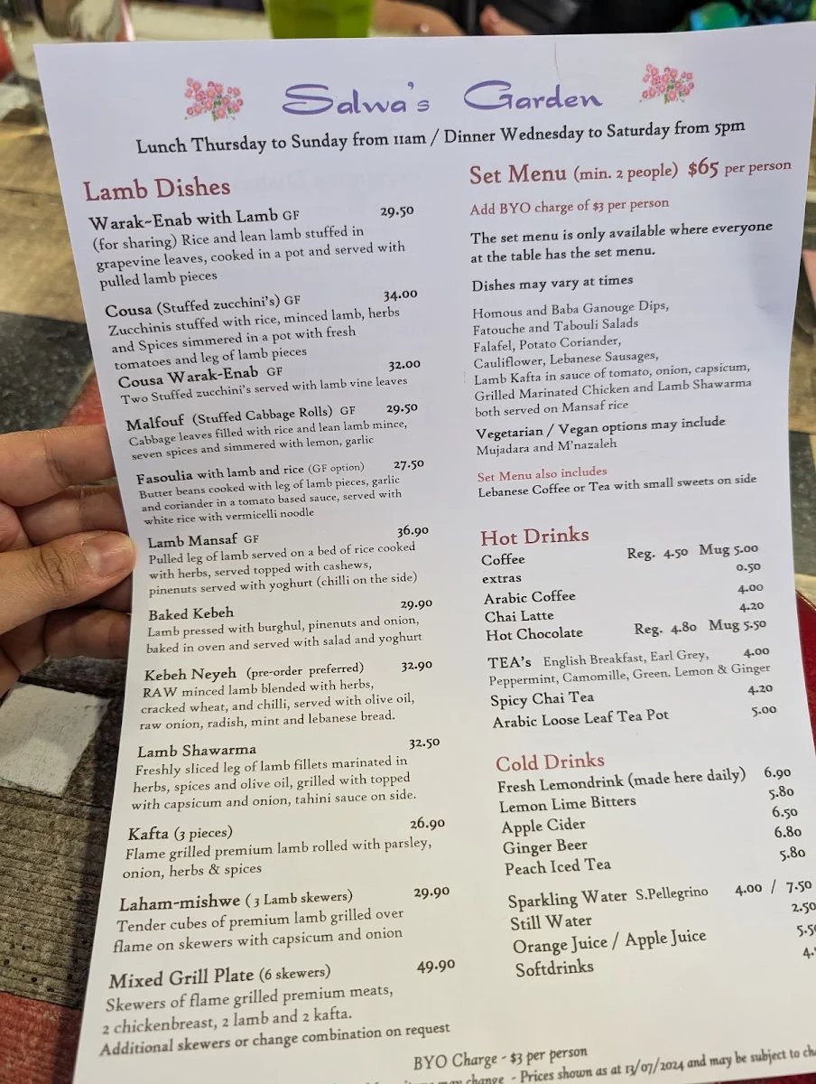 Menu, Salwa's Garden Lebanese Restaurant