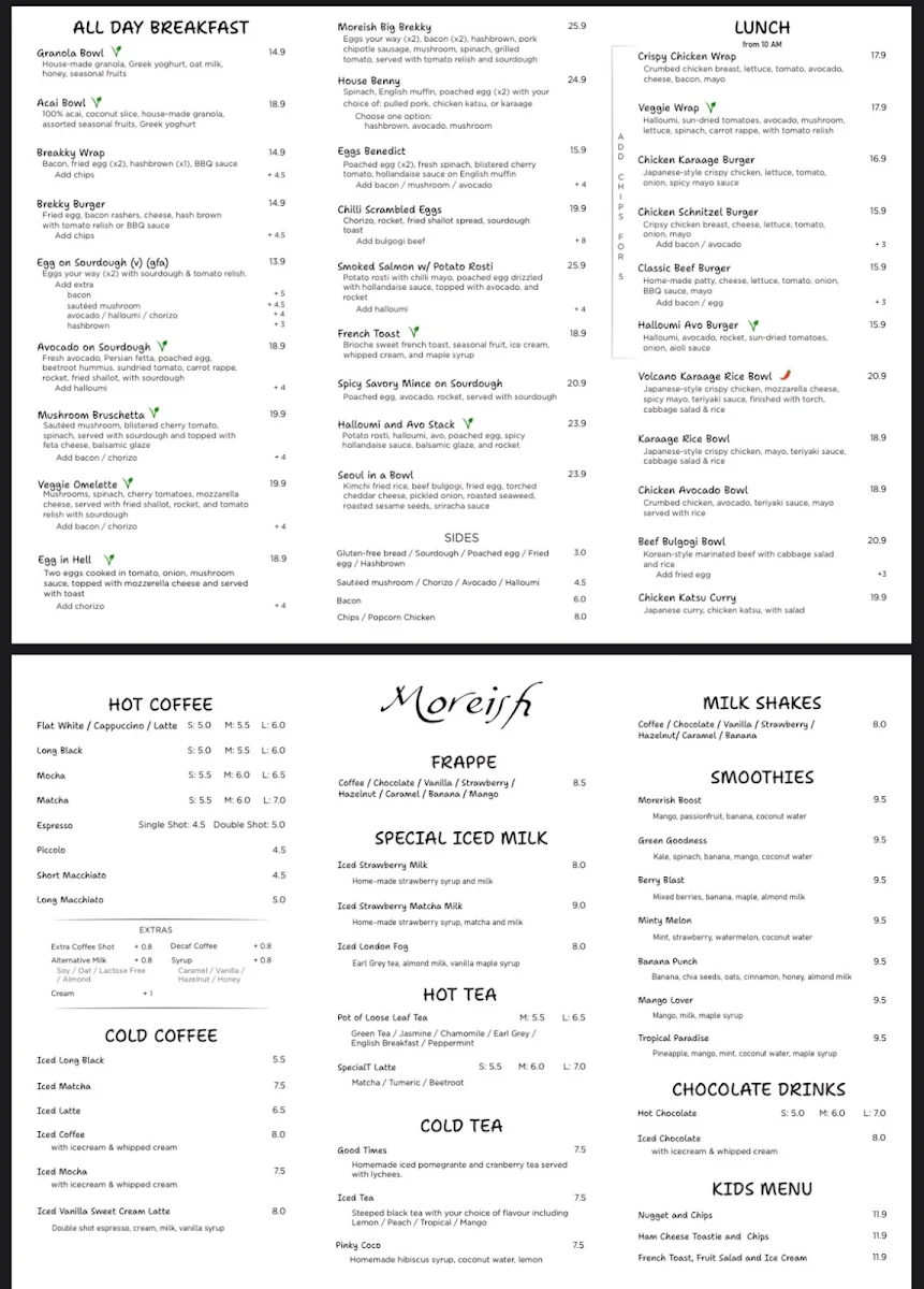 Menu, Moreish Cafe