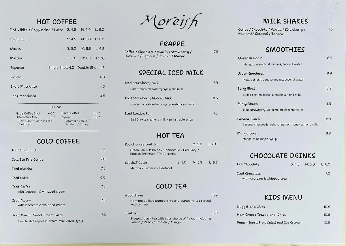 Menu, Moreish Cafe