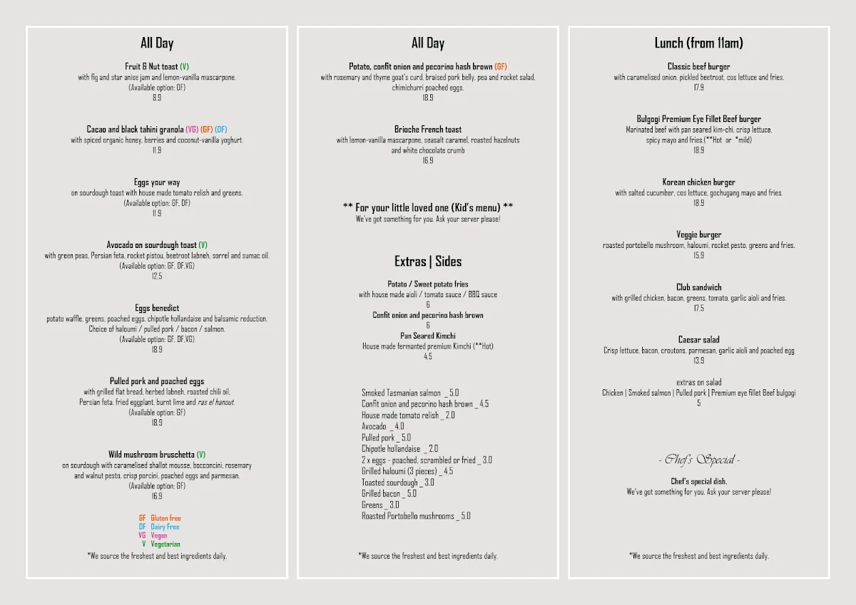 Menu, Moreish Cafe