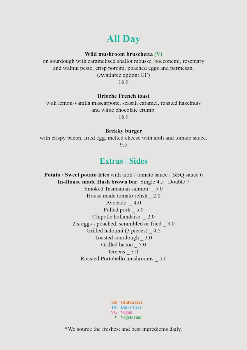 Menu, Moreish Cafe