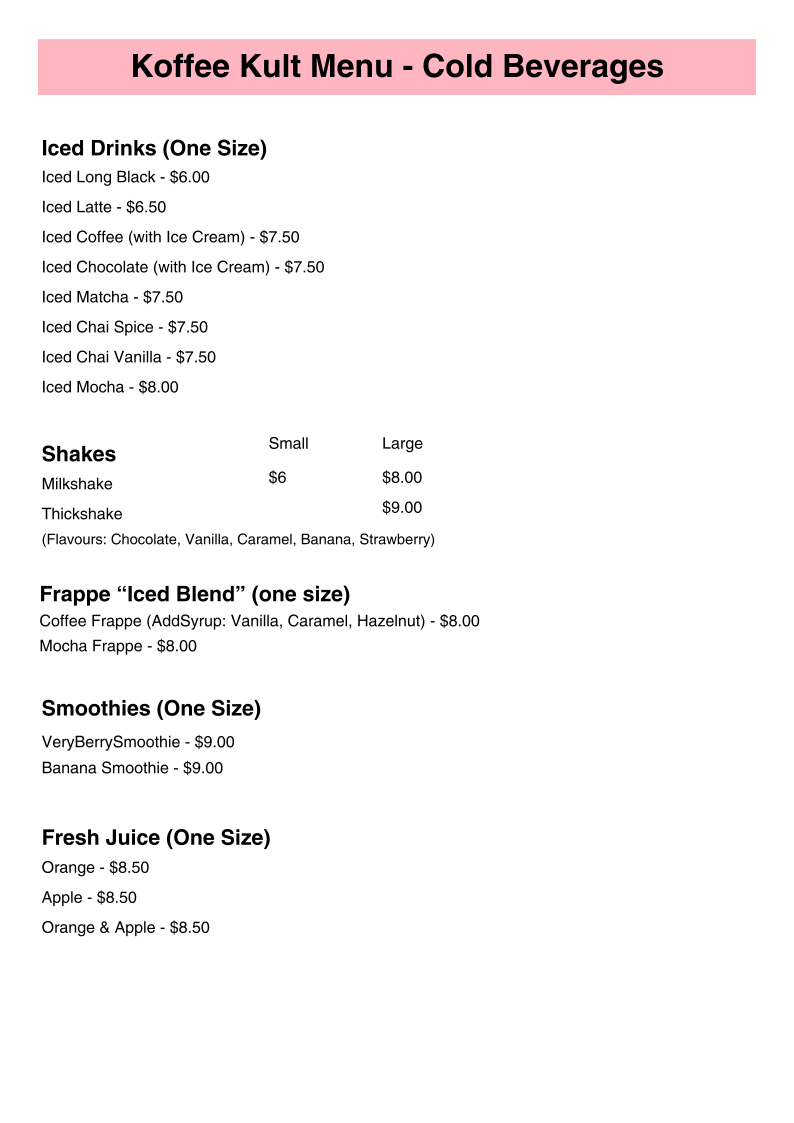 Menu, Koffee Kult