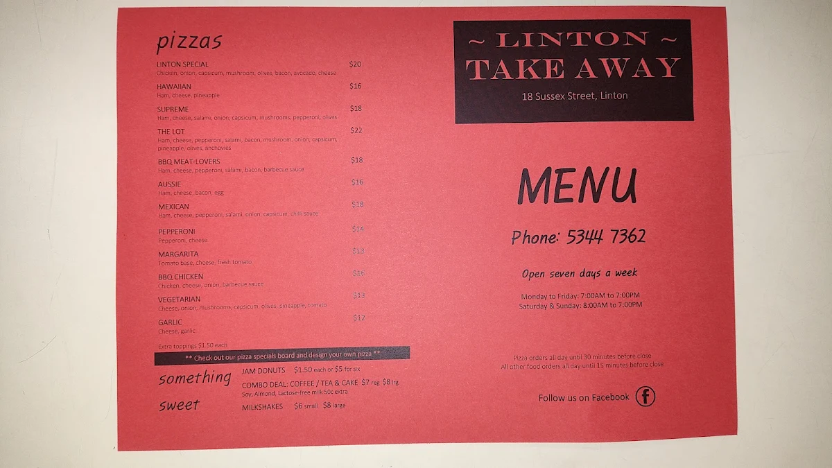 Menu, Linton TakeAway/Cafe