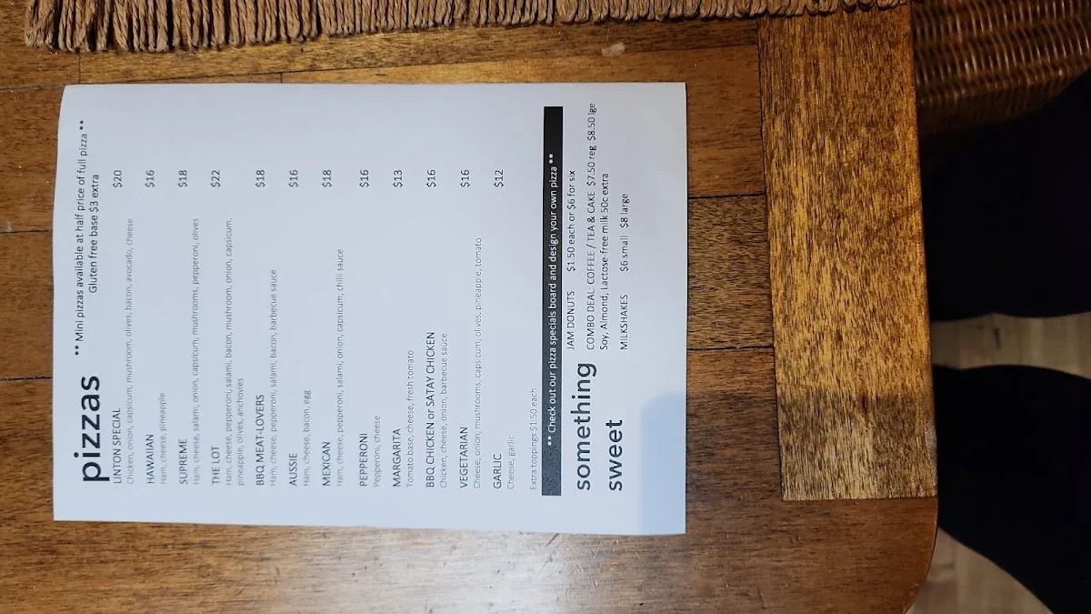 Menu, Linton TakeAway/Cafe