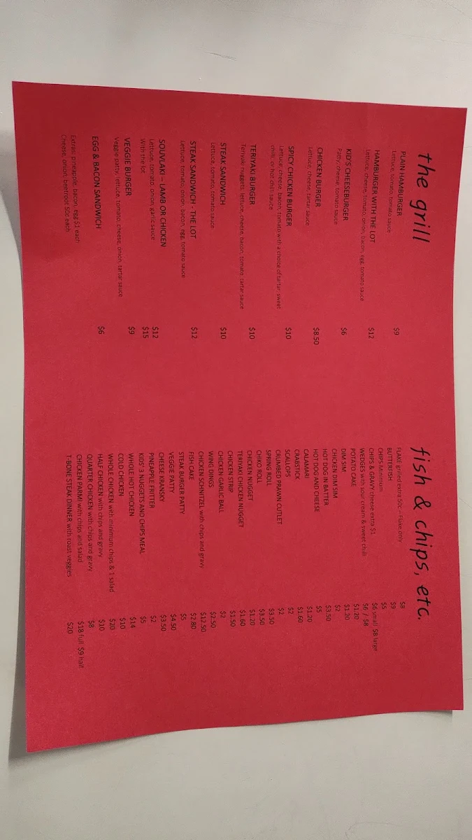Menu, Linton TakeAway/Cafe