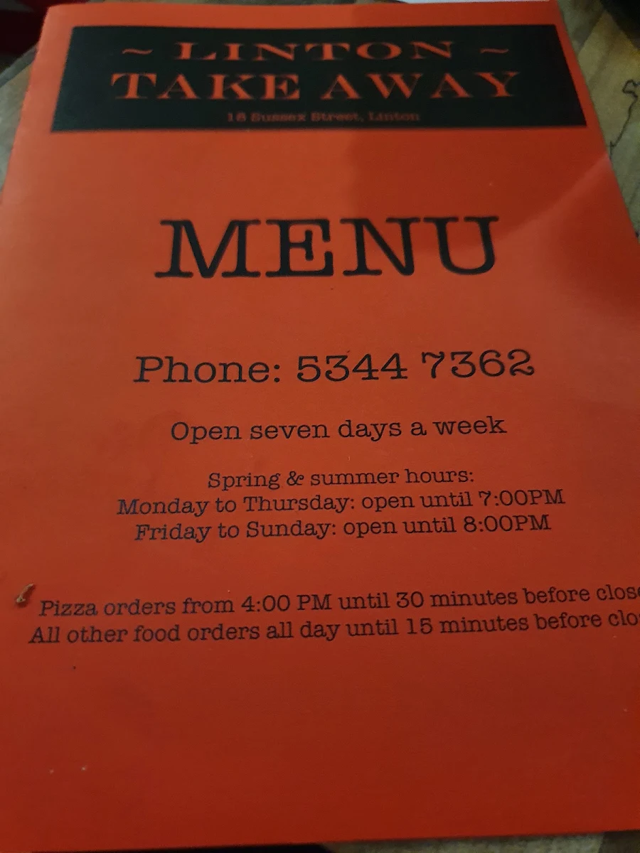 Menu, Linton TakeAway/Cafe
