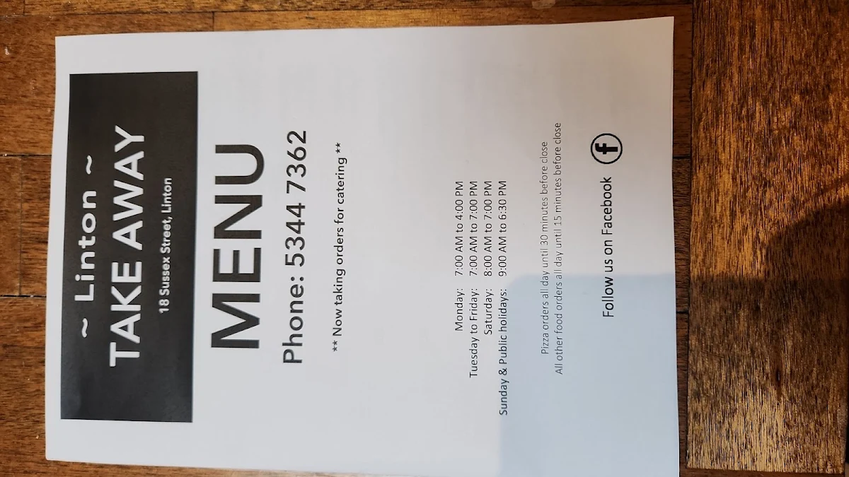 Menu, Linton TakeAway/Cafe