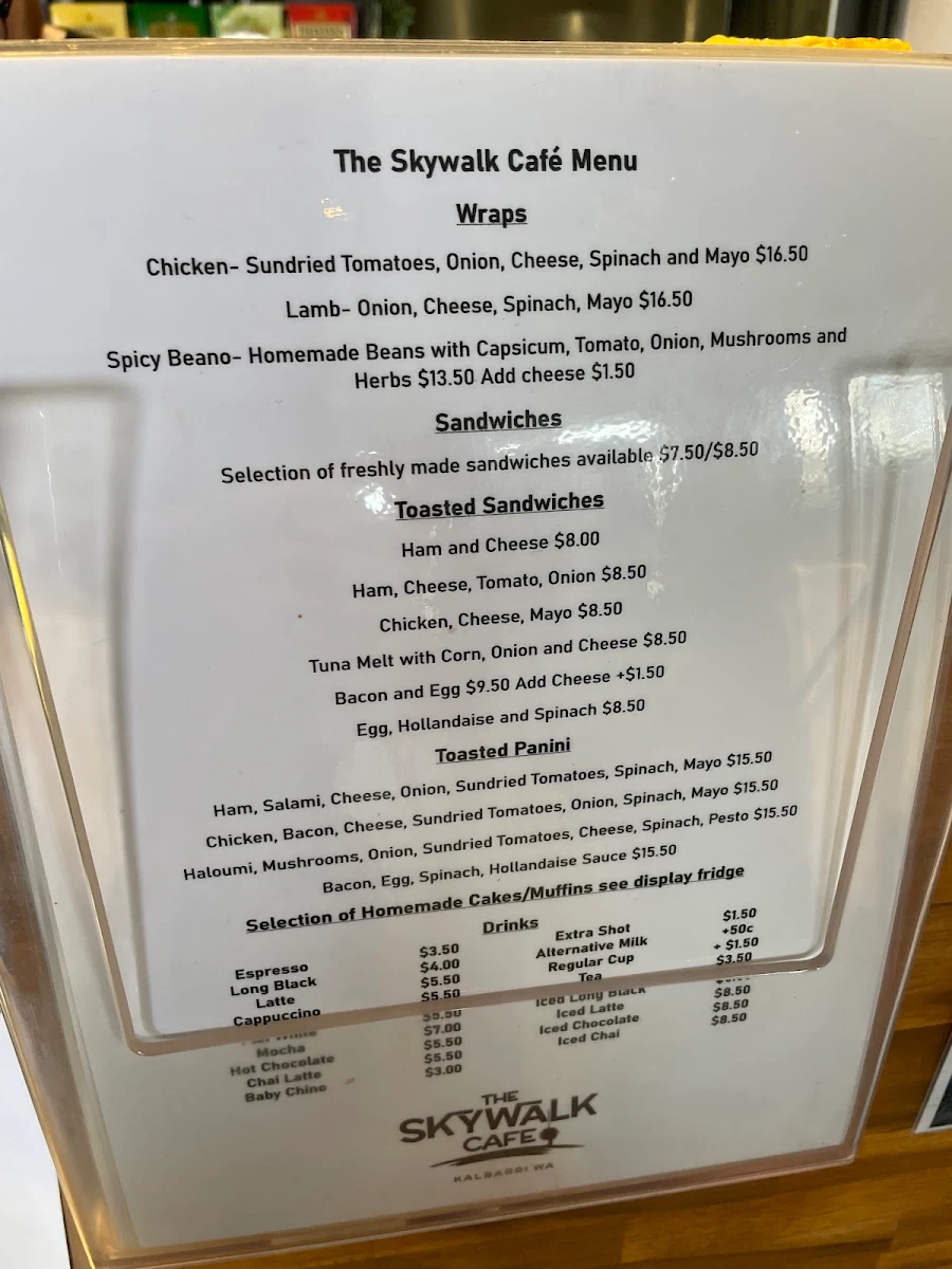 Menu, Kalbarri Skywalk Cafe