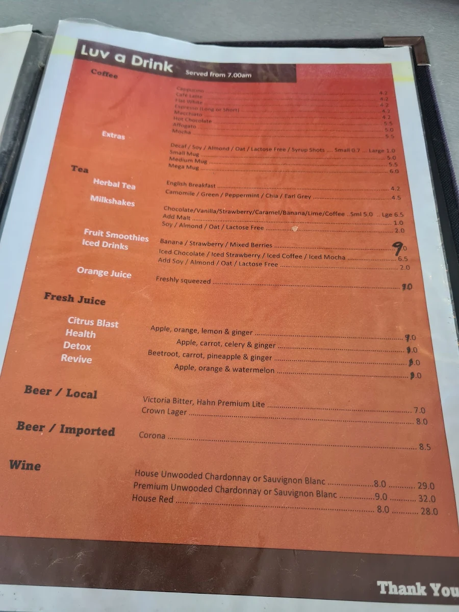 Menu, Luv a Coffee Southport Park