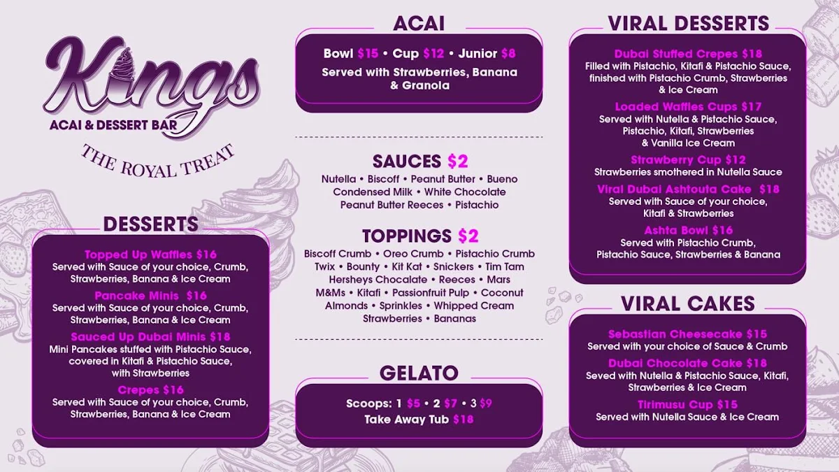 Menu, Kings acai & desert bar