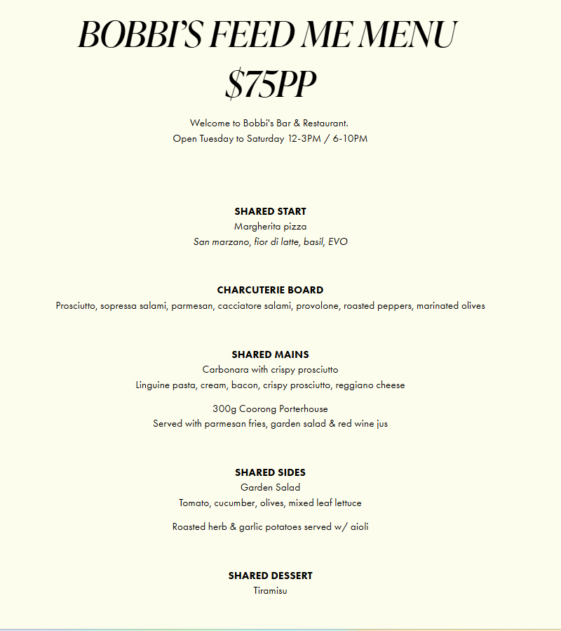 Menu, Bobbi's Bar and Restaurant