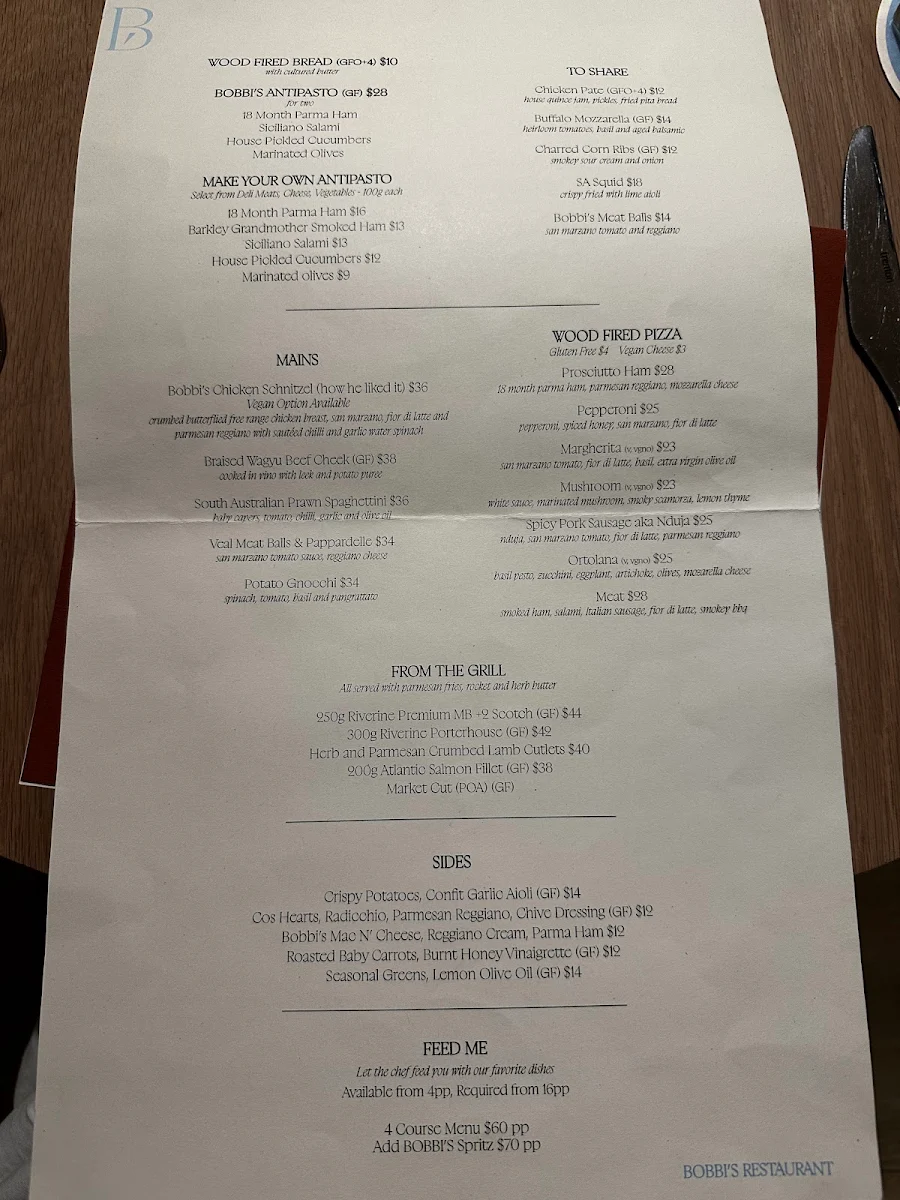 Menu, Bobbi's Bar and Restaurant