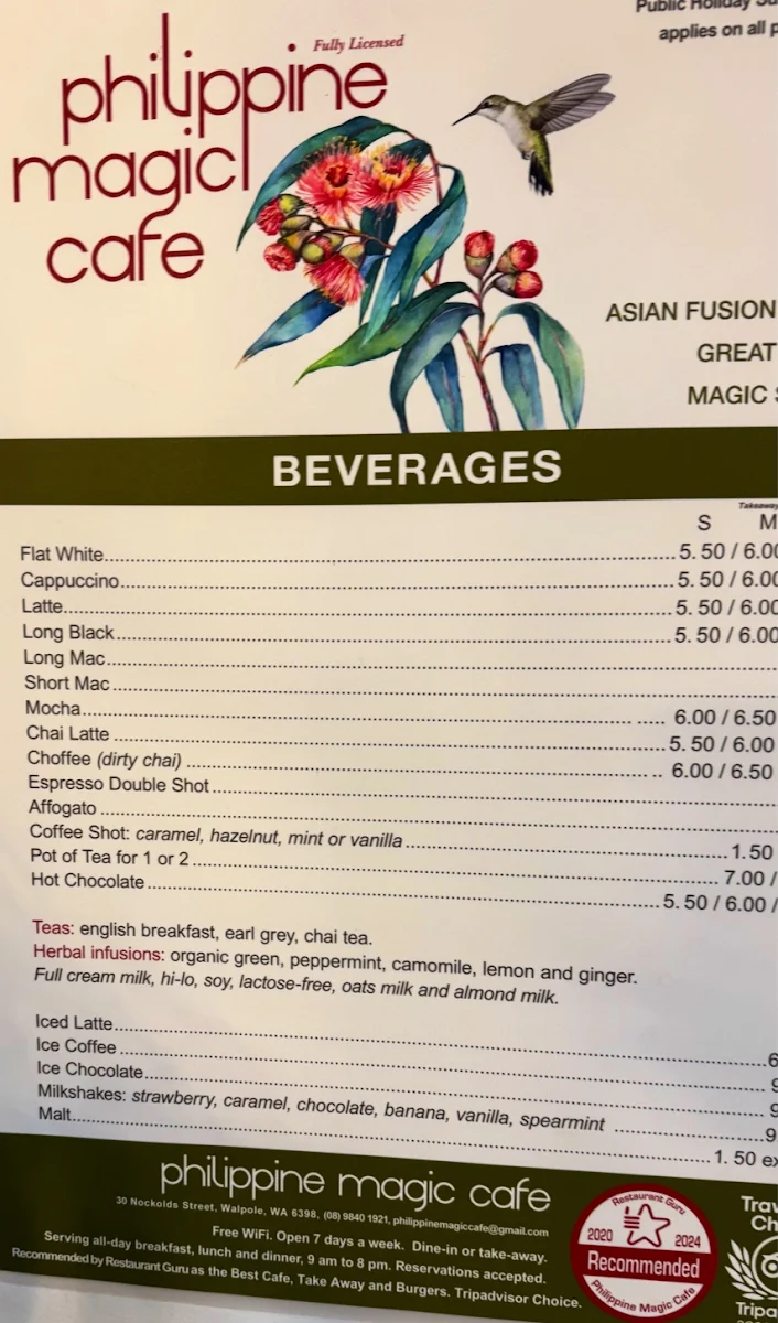 Menu, Philippine Magic Cafe Walpole