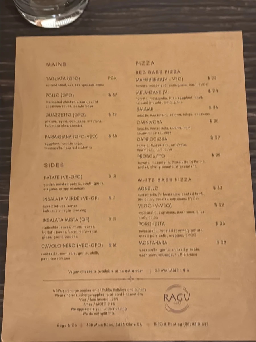 Menu, Ragù & Co - Italian Restaurant in SA