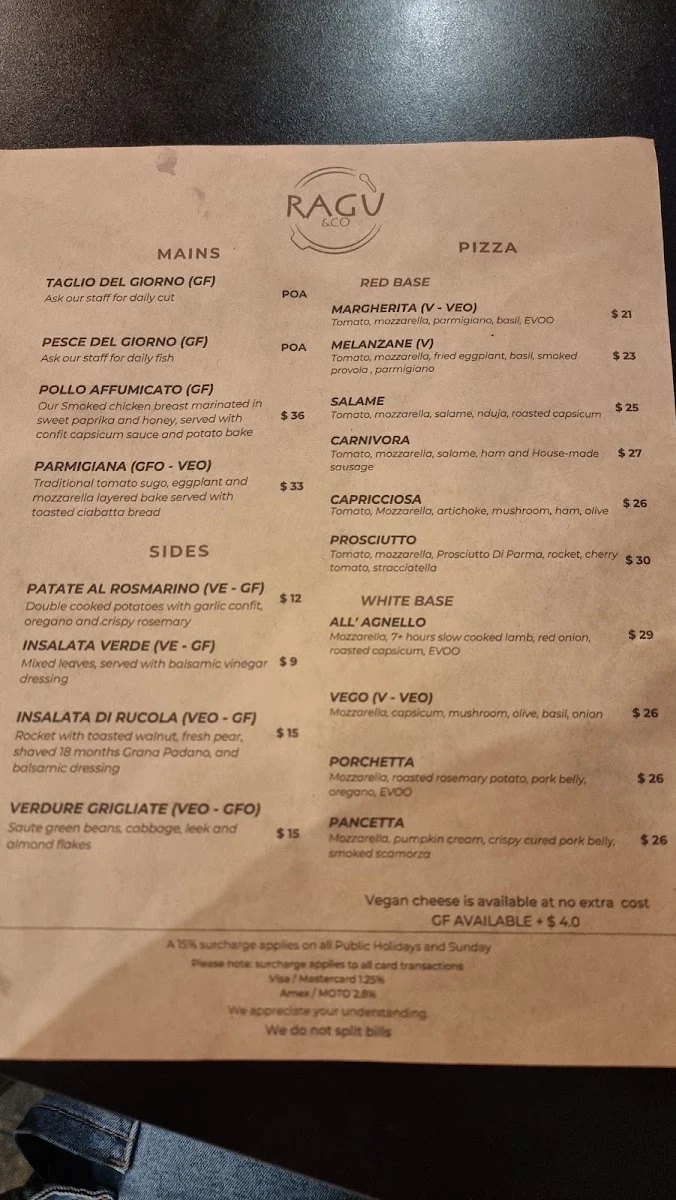 Menu, Ragù & Co - Italian Restaurant in SA
