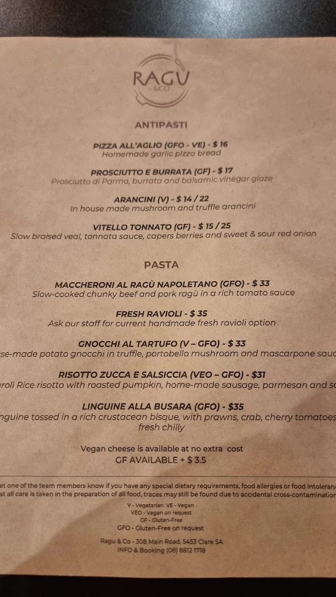 Menu, Ragù & Co - Italian Restaurant in SA
