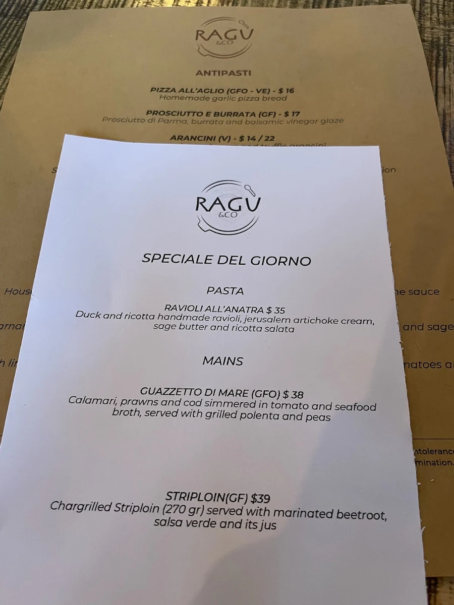 Menu, Ragù & Co - Italian Restaurant in SA