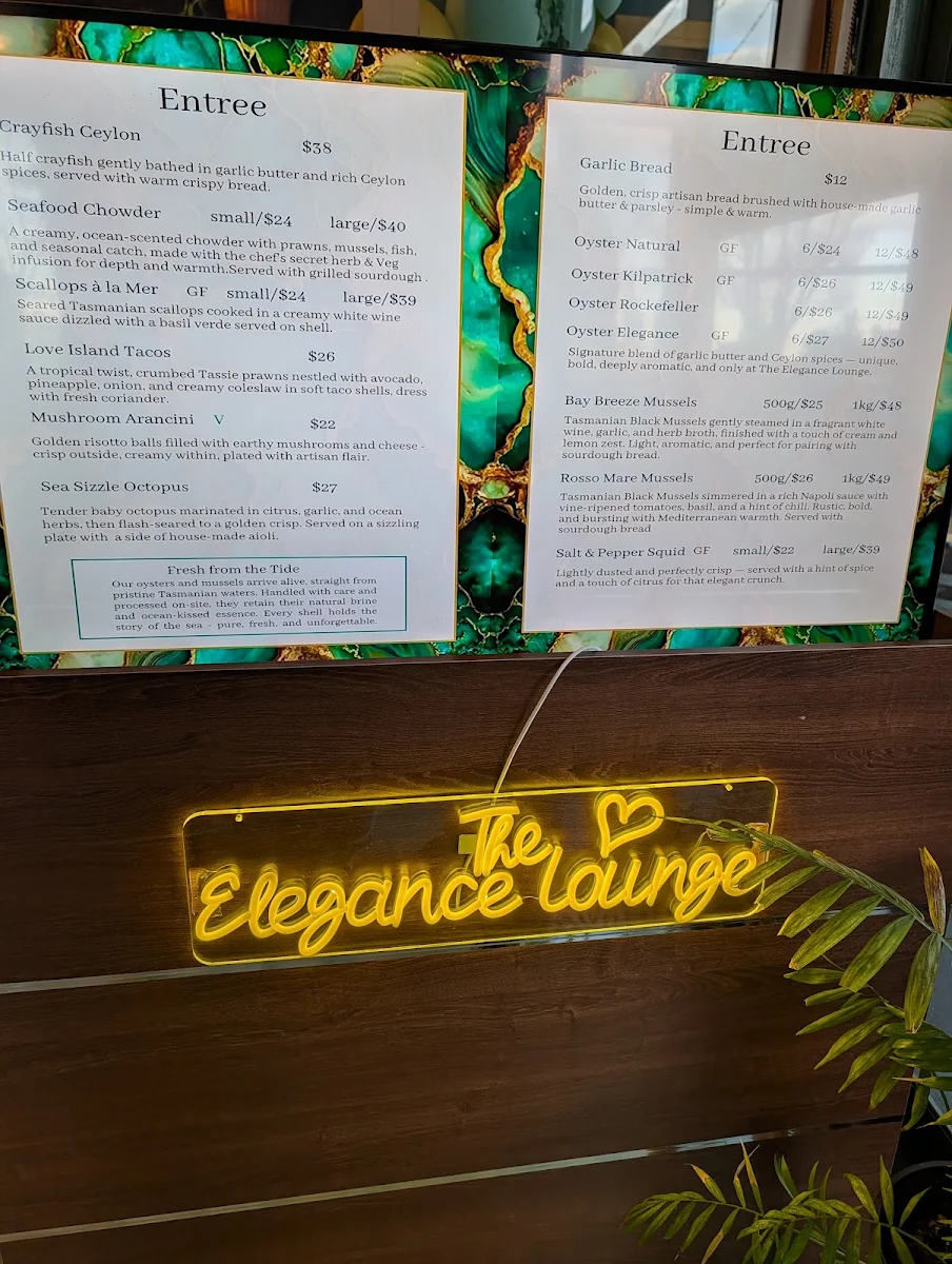 Menu, The Elegance Lounge Seafood Bar & Grill