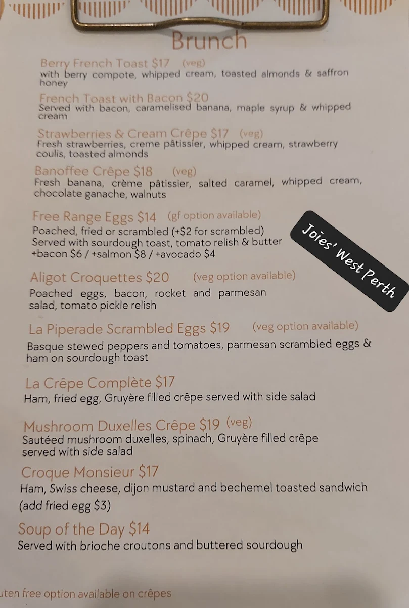 Menu, Joie Cafe Bistro