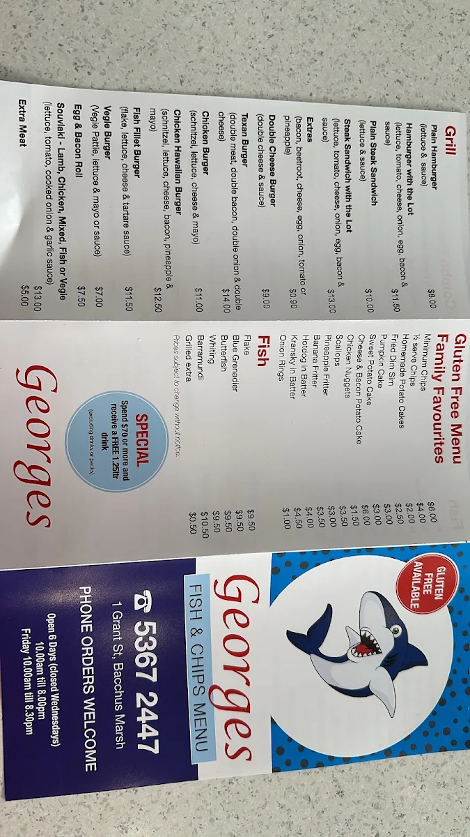 Menu, Georges Fish & Chip Shop