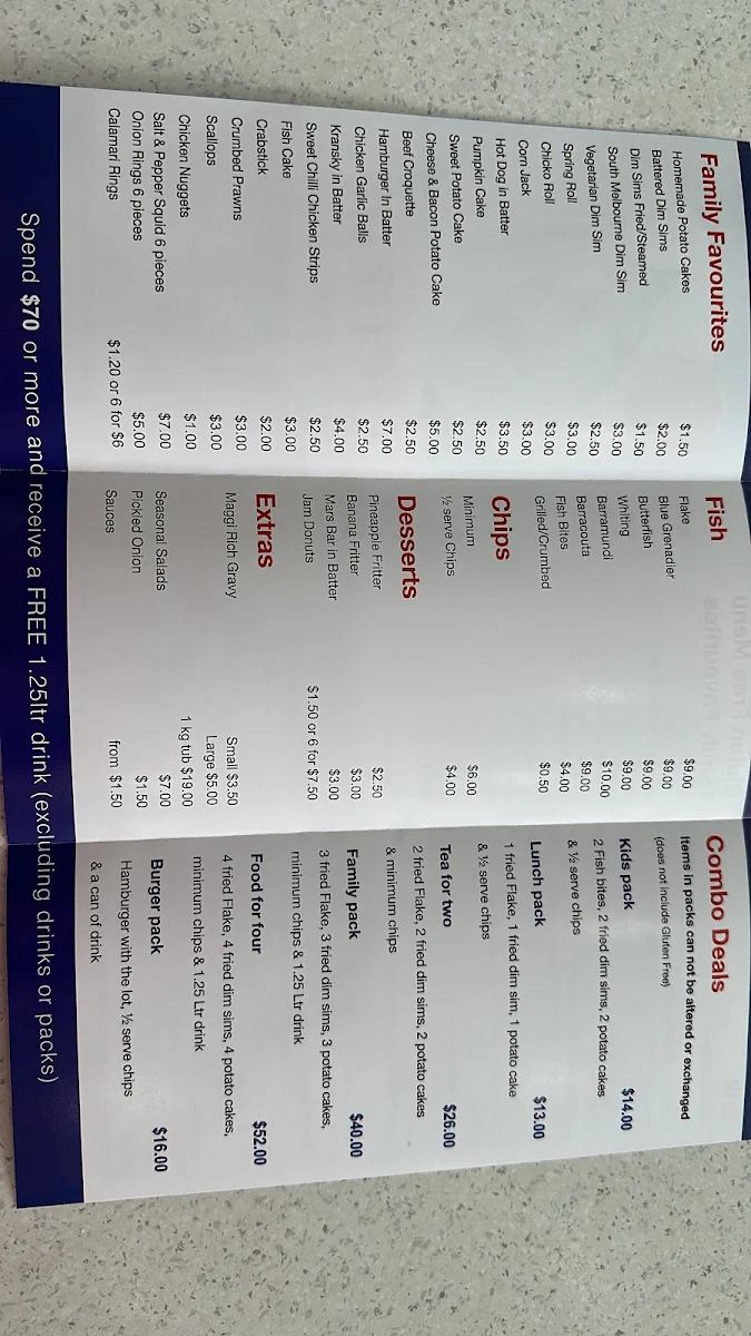 Menu, Georges Fish & Chip Shop