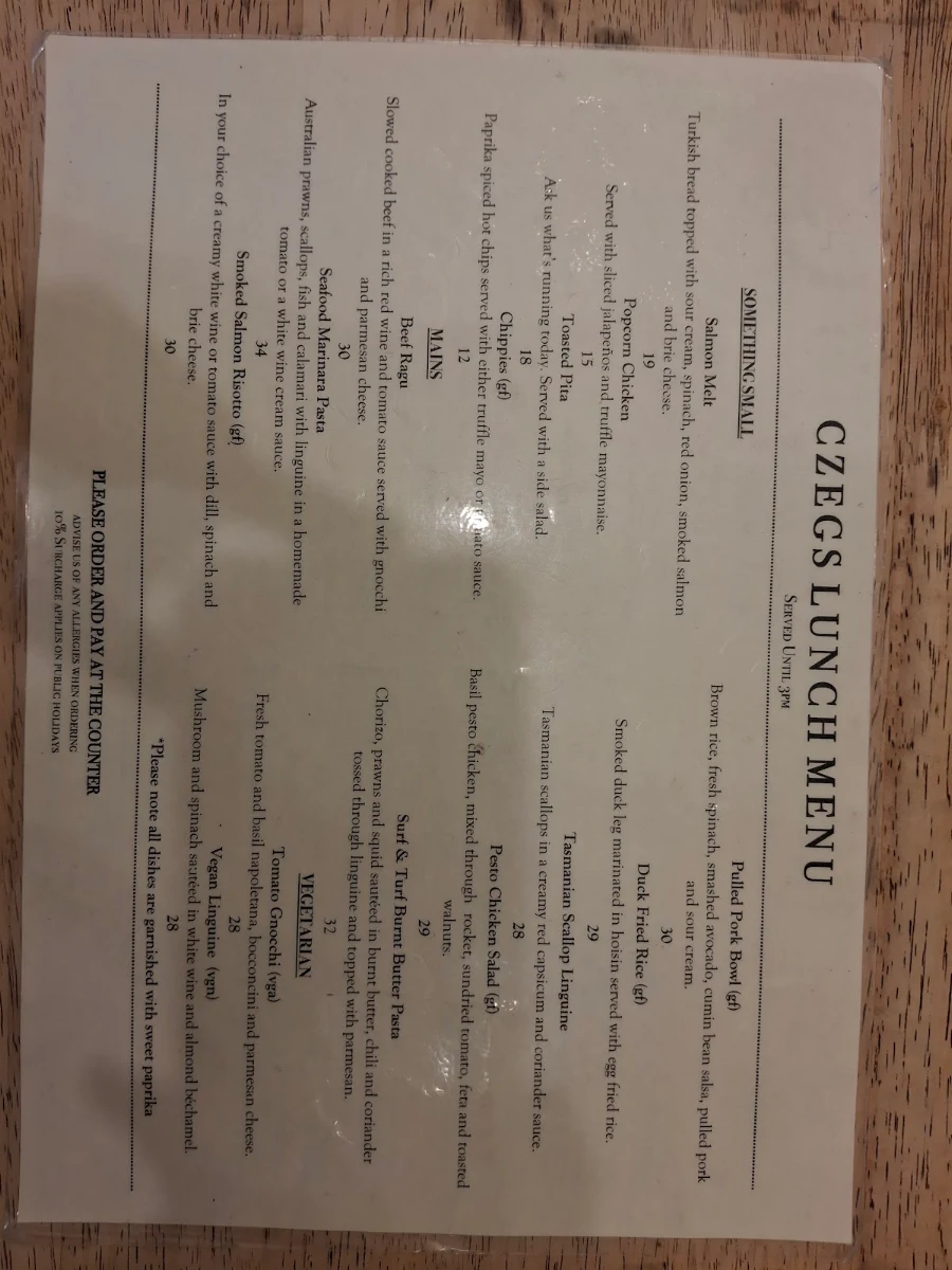 Menu, Czegs' Richmond