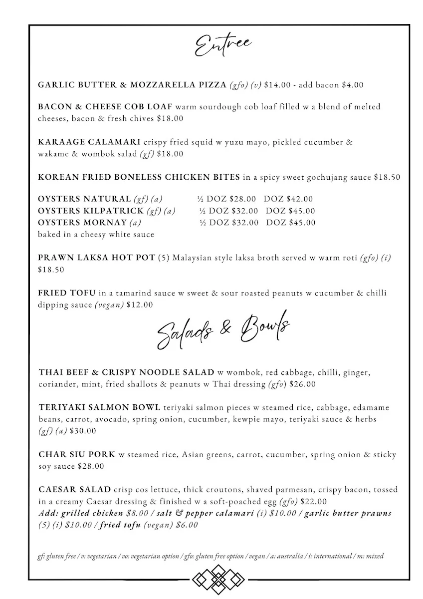 Menu, Bribie Island RSL Club