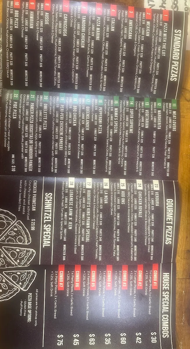Menu, Roberto's Pizza