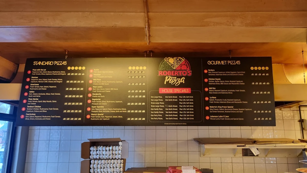 Menu, Roberto's Pizza