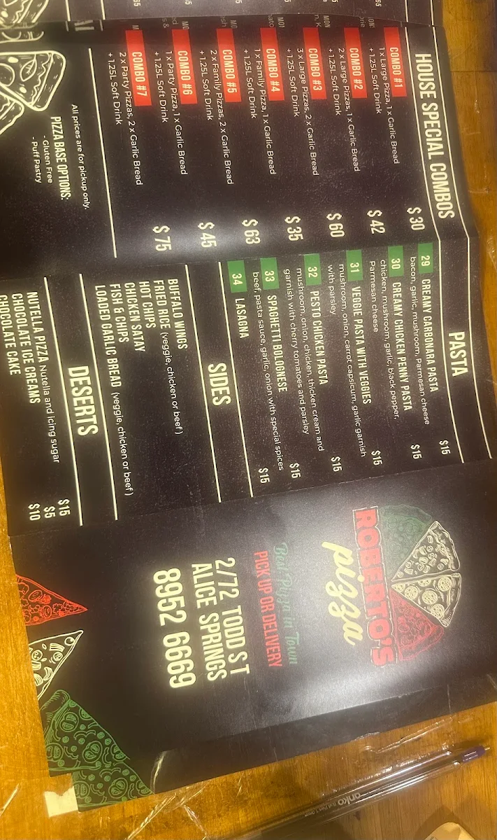 Menu, Roberto's Pizza