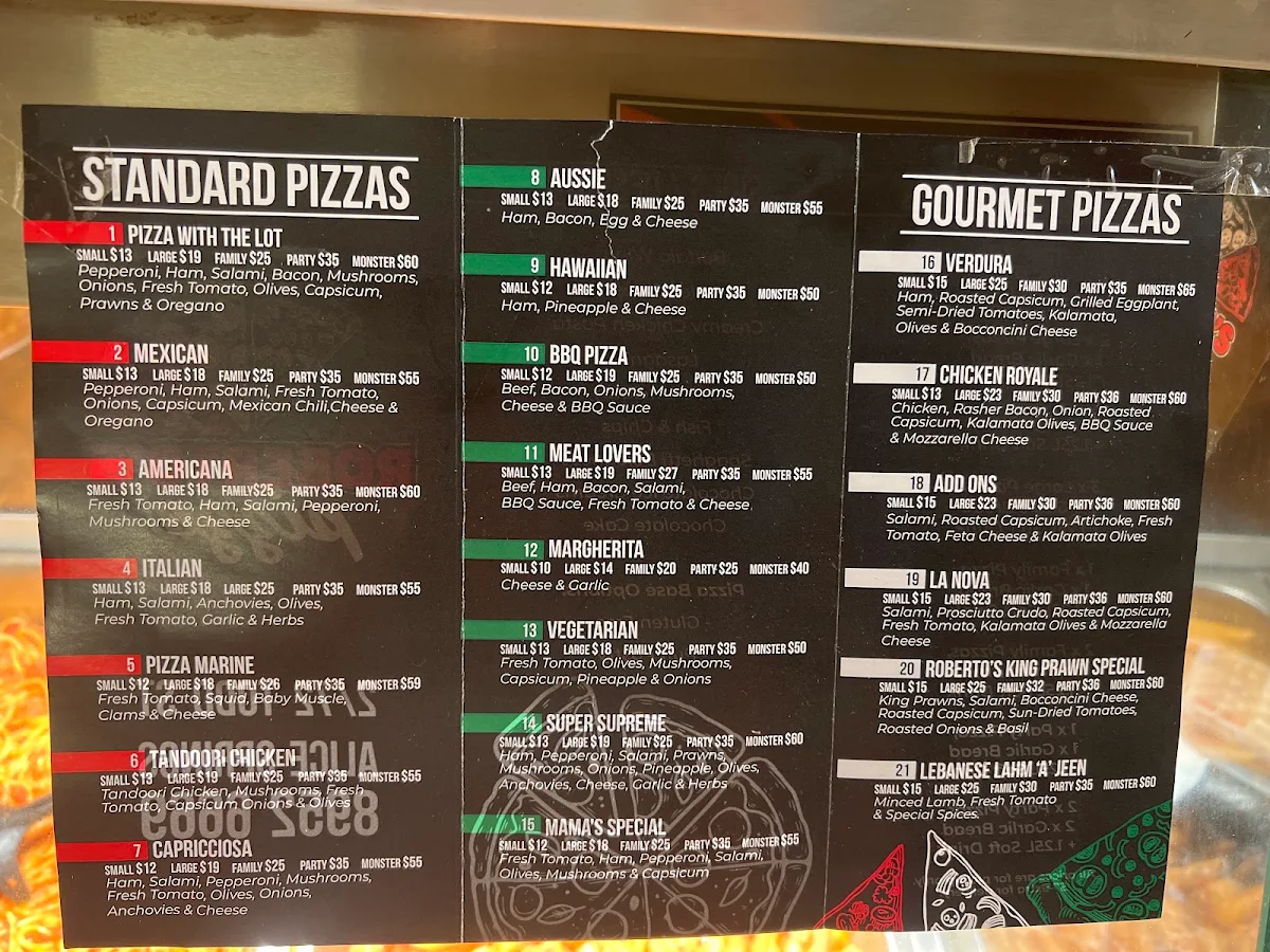 Menu, Roberto's Pizza