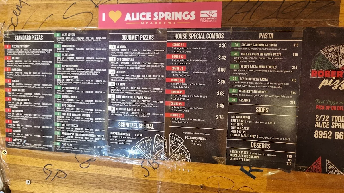 Menu, Roberto's Pizza