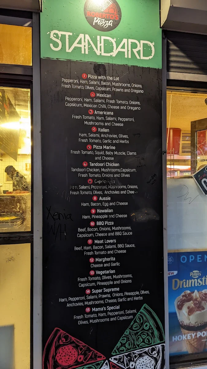 Menu, Roberto's Pizza