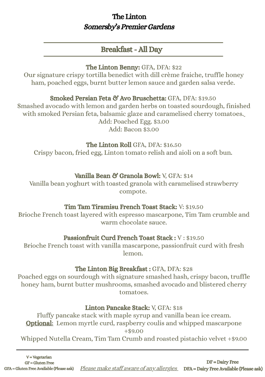 Menu, The Linton Cafe