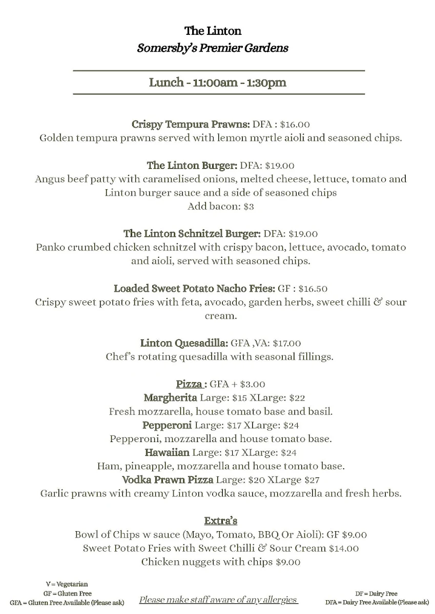 Menu, The Linton Cafe