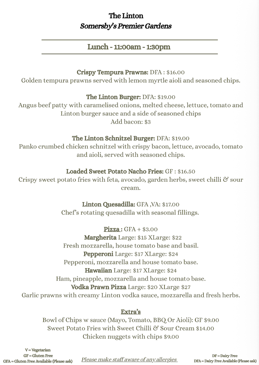 Menu, The Linton Cafe