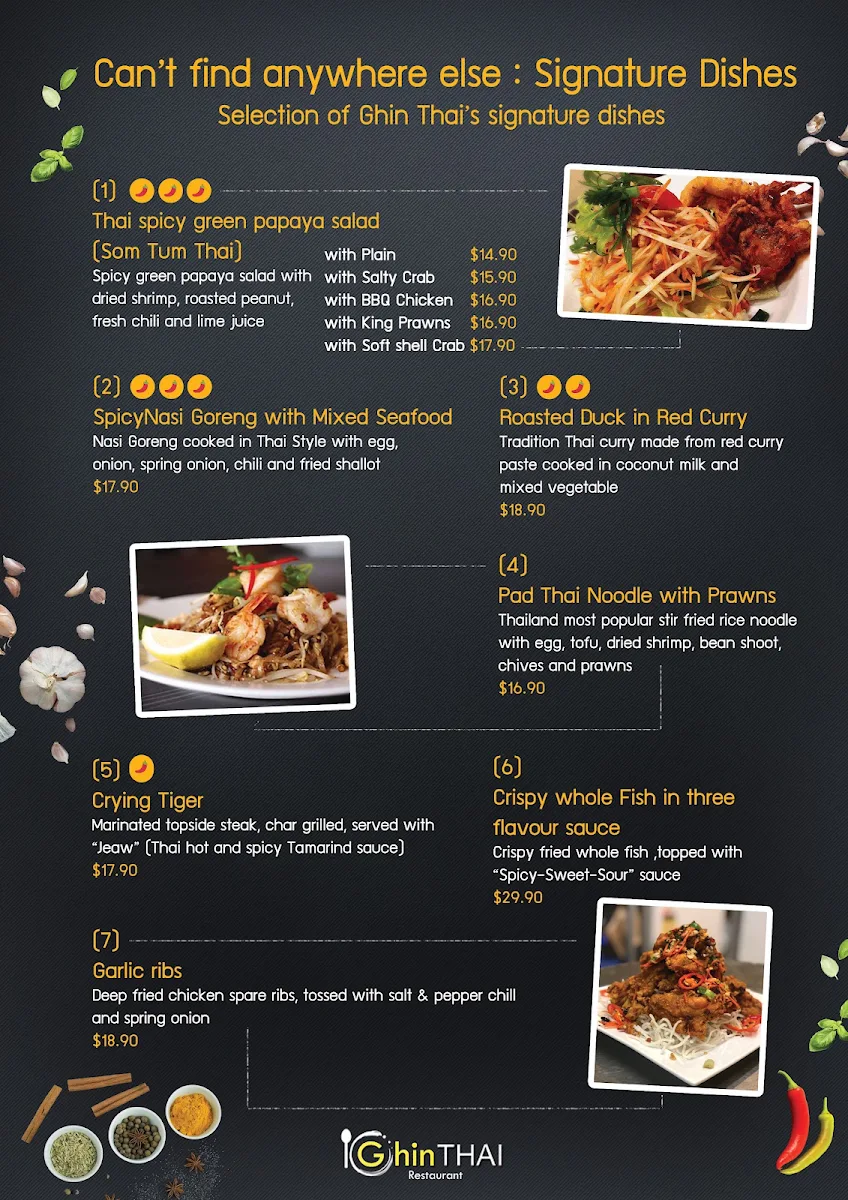 Menu, Ghin Thai Restaurant