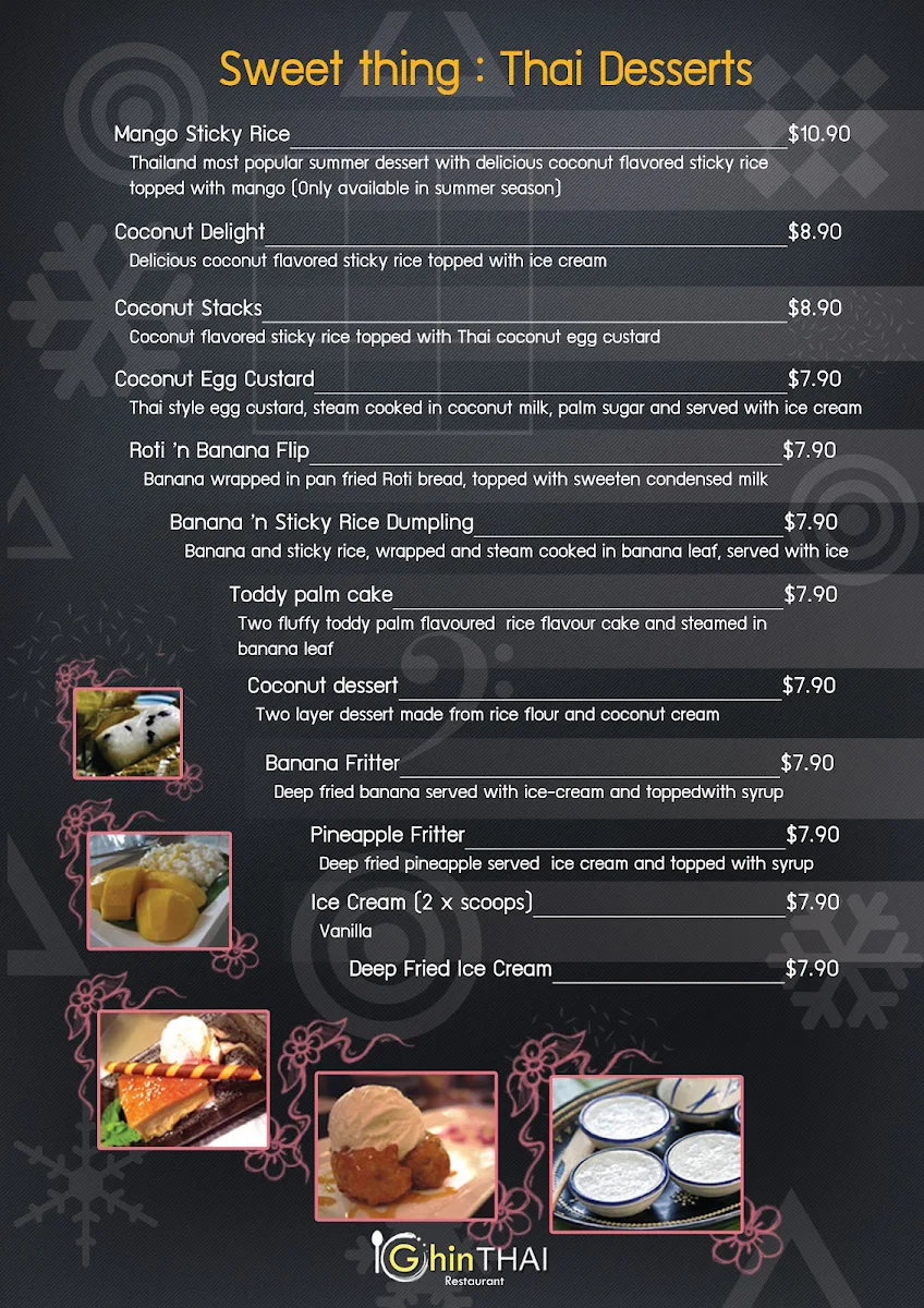 Menu, Ghin Thai Restaurant