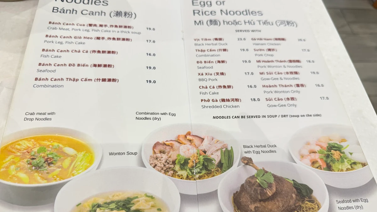 Menu, Tan Viet Noodle House