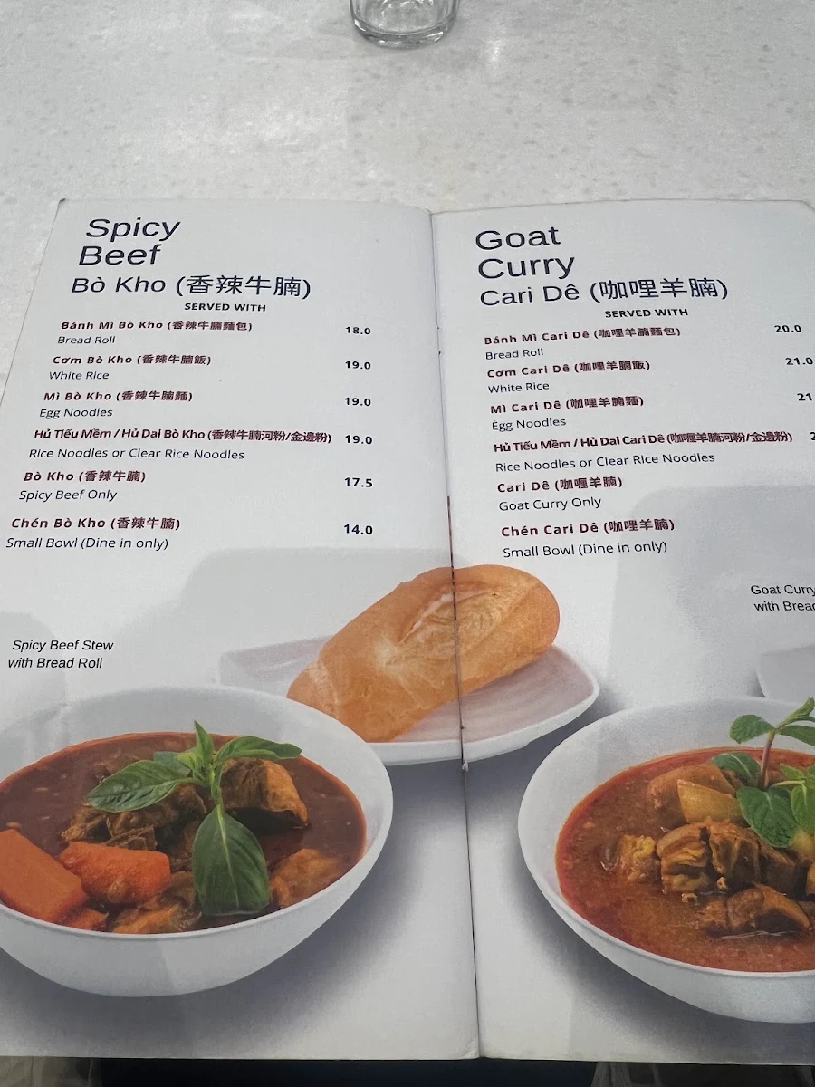 Menu, Tan Viet Noodle House