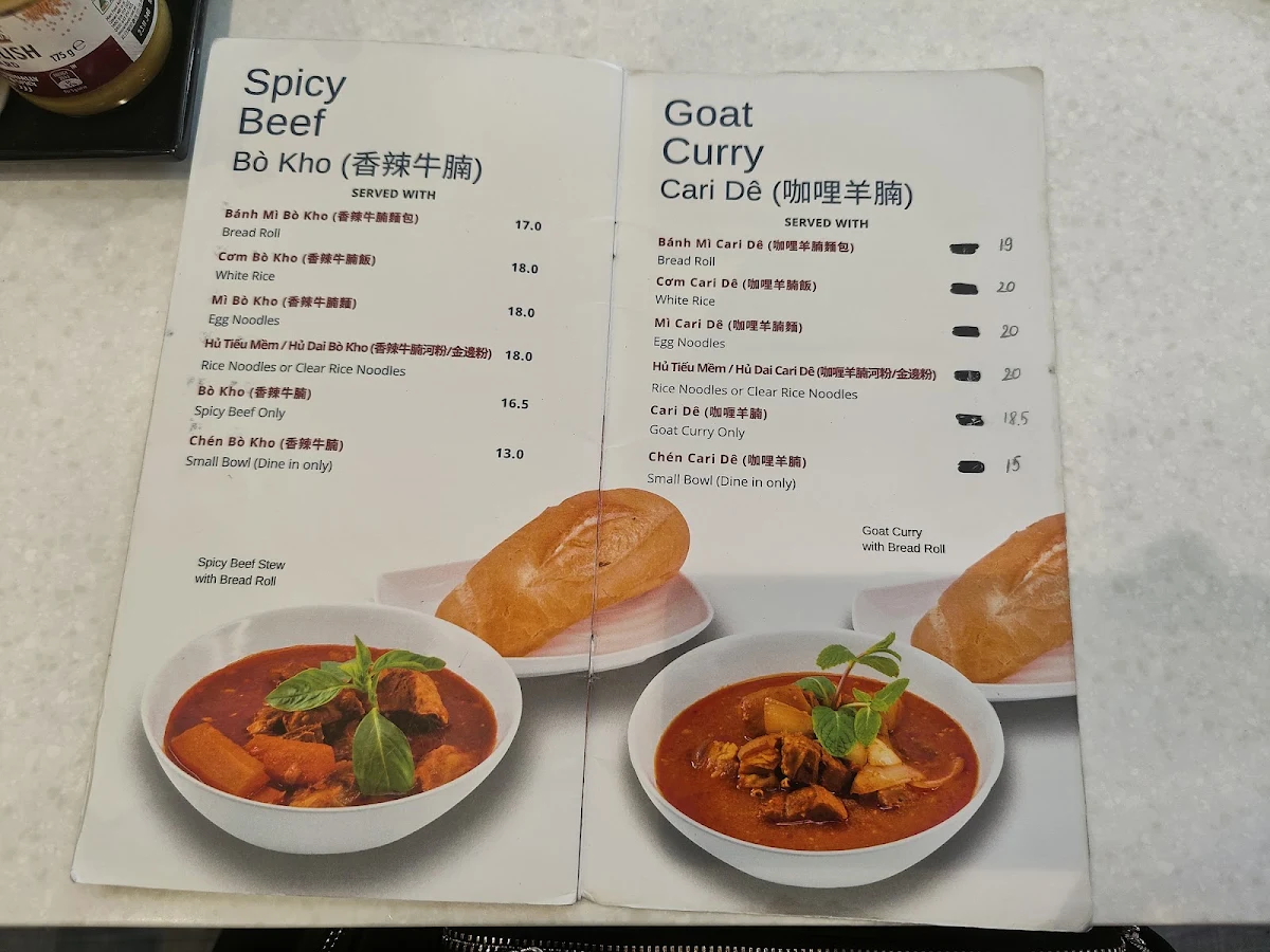 Menu, Tan Viet Noodle House