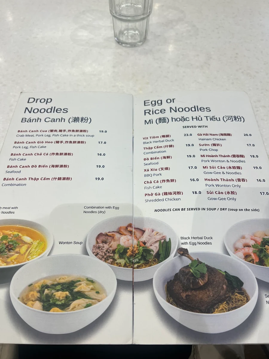 Menu, Tan Viet Noodle House