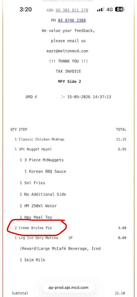 Menu, McDonald's Melton East