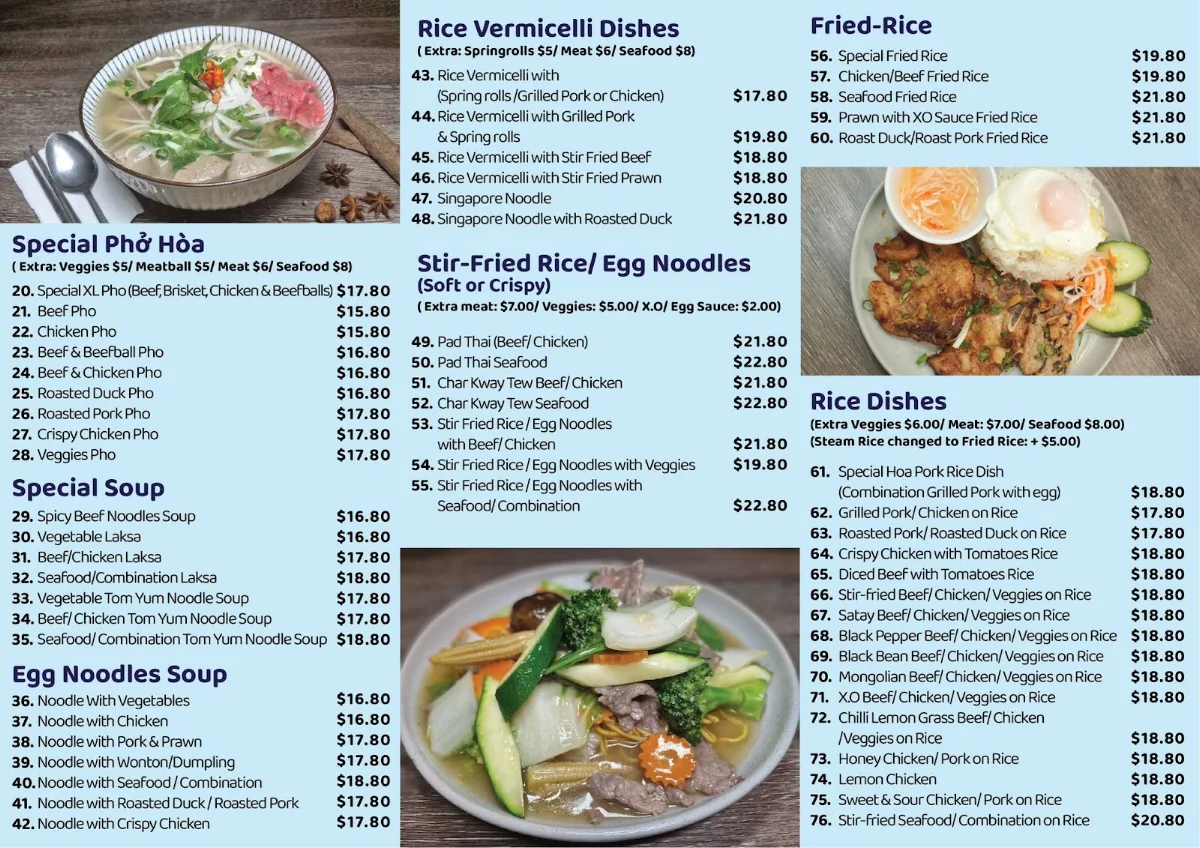 Menu, Pho Hoa Melton