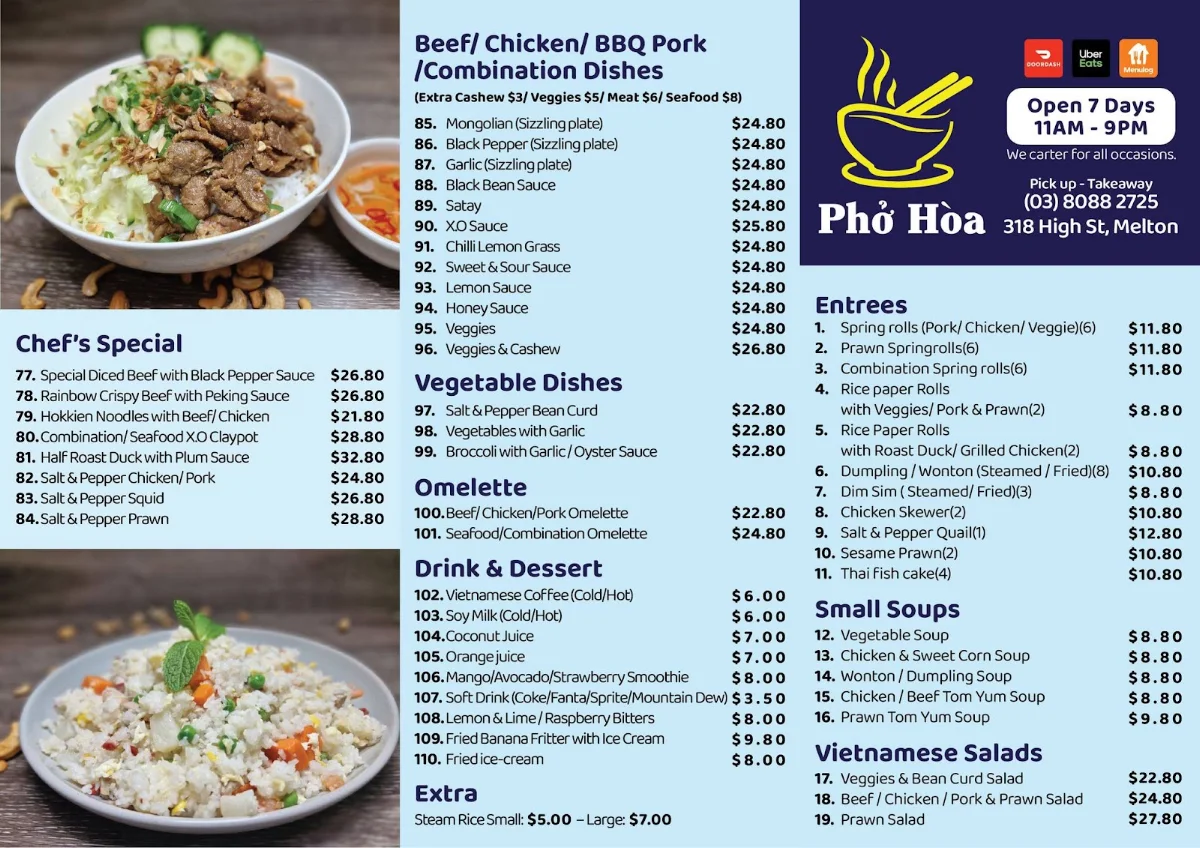 Menu, Pho Hoa Melton